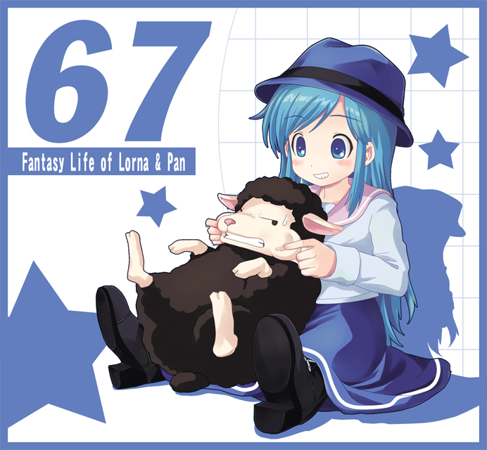 1girl animal black_boots black_sheep blue_border blue_eyes blue_hair blue_hat blue_skirt blush boots border cheek_pull fedora grey_shirt grin hat light_blue_hair long_hair lorna mabinogi pan_(mabinogi) pink_sailor_collar sailor_collar sheep shirt single_horizontal_stripe sisco sitting skirt smile solo star_(symbol) straight_hair swept_bangs