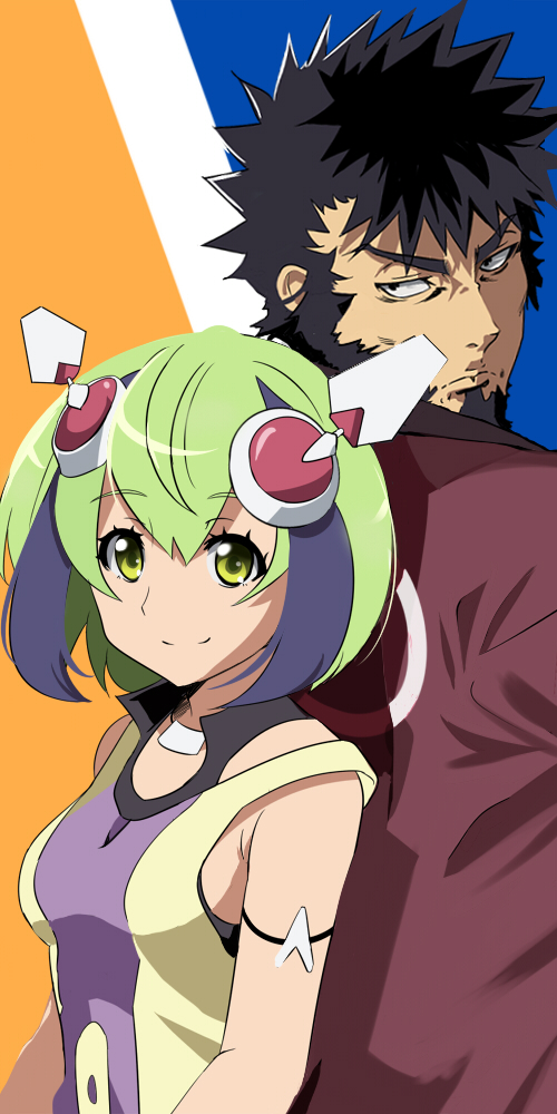 10s 1boy 1girl android bare_shoulders beard black_hair breasts collar dimension_w dress facial_hair green_eyes green_hair headgear jacket japanese_clothes looking_at_viewer looking_back mabuchi_kyoma multicolored_hair okuba purple_hair short_hair sleeveless smile streaked_hair two-tone_hair yurizaki_mira