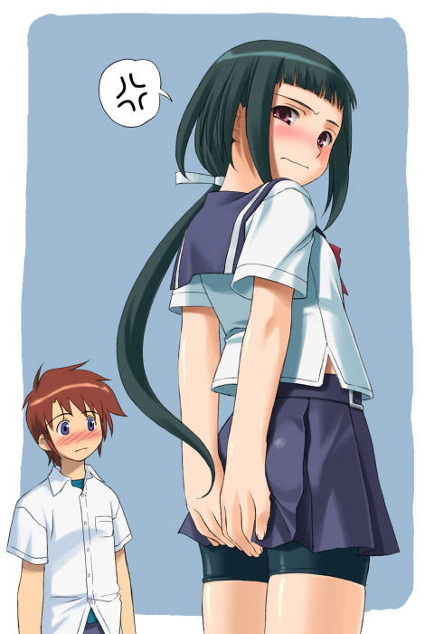 00s 1boy 1girl anger_vein bike_shorts blue_eyes blush brown_hair green_hair long_hair my-hime okuzaki_akira pink_eyes pleated_skirt school_uniform serafuku shirt shorts shorts_under_skirt skirt spandex speech_bubble spoken_anger_vein tokiha_takumi umekichi