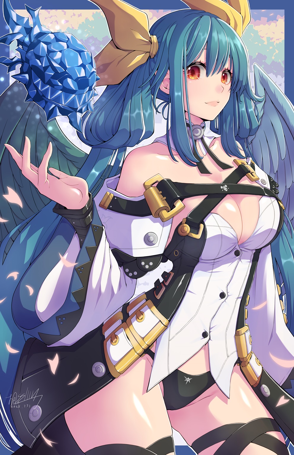 1girl angel_wings asymmetrical_wings bare_shoulders belt black_panties blue_hair blush breasts cleavage cleavage_cutout closed_mouth clothing_cutout dated detached_collar dizzy_(guilty_gear) guilty_gear guilty_gear_xrd hair_between_eyes hair_rings highres ice large_breasts long_hair mariebell midriff navel panties petals pink_lips red_eyes showgirl_skirt sidelocks signature skindentation solo thick_thighs thigh_strap thighs twintails underwear wide_sleeves wings