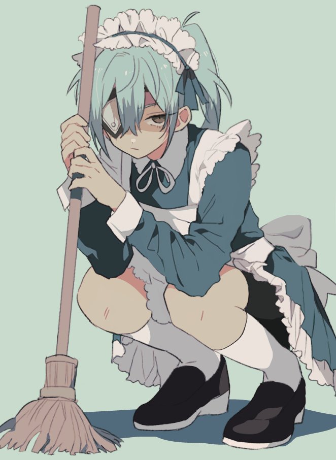 1boy apron arms_up back_bow blue_hair bow brown_eyes closed_mouth collar crossdressing ebi_(shrimp_eleven) eyepatch frilled_apron frilled_collar frills green_background hair_between_eyes holding holding_mop inazuma_eleven inazuma_eleven_(series) kneehighs kneeling long_sleeves looking_at_viewer maid maid_apron maid_headdress male_focus male_maid mop neck_ribbon one_eye_covered ponytail ribbon sakuma_jirou shadow shoes simple_background sleeve_cuffs socks solo trap white_bow white_ribbon white_socks