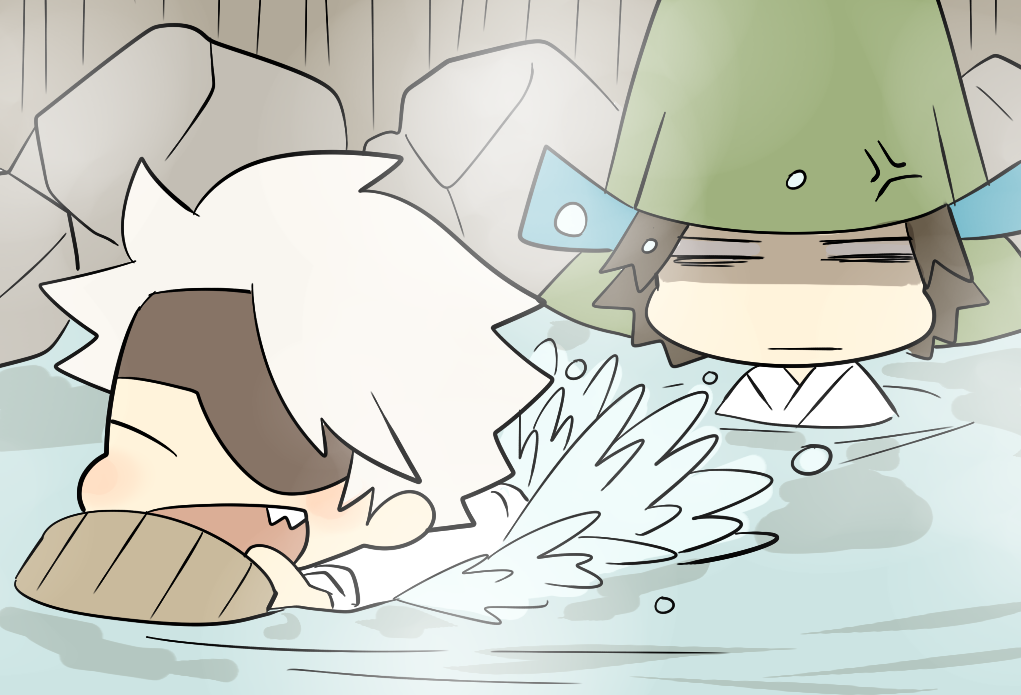 2boys :d :| ^_^ aki_(pixiv_4376560) anger_vein angry armor chibi chibi_only chousokabe_motochika_(sengoku_basara) closed_eyes closed_mouth eyepatch helmet japanese_armor kabuto_(helmet) male_focus mouri_motonari_(sengoku_basara) multiple_boys official_style onsen open_mouth sengoku_basara shaded_face smile swimming