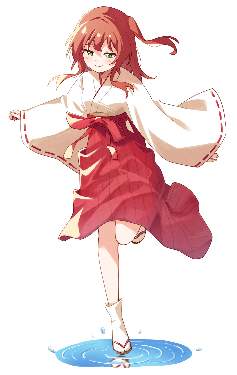 1girl blush bocchi_the_rock! brown_sandals closed_mouth commentary full_body green_eyes hakama hakama_skirt haru_(konomi_150) highres japanese_clothes kimono kita_ikuyo long_hair long_sleeves miko one_side_up puddle red_hair red_hakama ribbon-trimmed_sleeves ribbon_trim sandals simple_background skirt smile socks solo standing standing_on_one_leg tabi water white_background white_kimono white_socks wide_sleeves