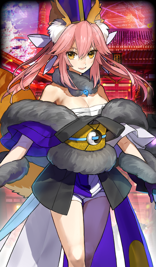 1girl animal_ears bare_shoulders bow breasts chest_sarashi cleavage clothing_request commentary fate/extella fate/extra fate/grand_order fate_(series) feet_out_of_frame fox_ears fox_tail fur_trim hair_between_eyes hair_bow hat large_breasts long_hair looking_at_viewer magatama official_art open_mouth orange_eyes pink_hair purple_hat sarashi sash shorts sidelocks smile solo tail tamamo_(fate) tamamo_no_mae_(fate) tamamo_no_mae_(moon_crux)_(fate) third-party_source twintails wada_arco white_bow white_shorts yellow_sash yin_yang