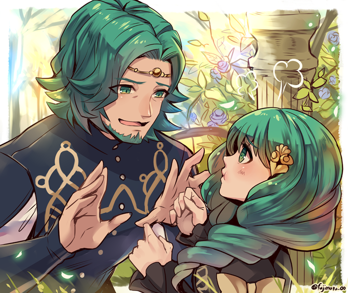 1boy 1girl beard bow brother_and_sister facial_hair fire_emblem fire_emblem:_three_houses flayn_(fire_emblem) flower from_side fujimaru_(green_sparrow) green_eyes green_facial_hair green_hair hair_ornament long_hair long_sleeves matching_hair/eyes nintendo open_mouth seteth_(fire_emblem) short_hair siblings twitter_username upper_body yellow_bow