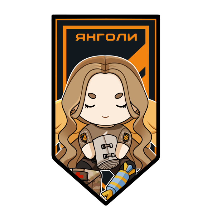 1girl 3rd_assault_brigade azov_angels blonde_hair chibi closed_eyes closed_mouth holding korzynka_persykiv long_hair original russo-ukrainian_war simple_background smile solo tryzub upper_body wings zoriana