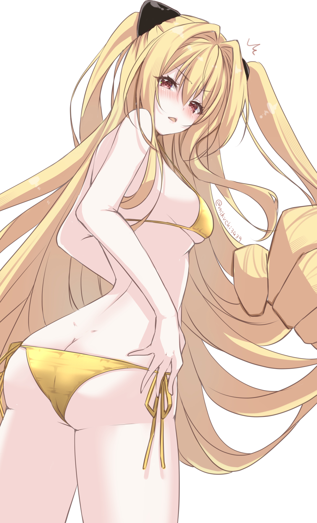 1girl ^^^ ass azur_lane bikini blonde_hair blush breasts butt_crack clenched_hand from_behind hair_intakes highres konjiki_no_yami looking_at_viewer looking_back medium_breasts mikuchi3939 red_eyes side-tie_bikini_bottom sideboob simple_background solo surprised swimsuit to_love-ru to_love-ru_darkness twitter_username two_side_up white_background yellow_bikini