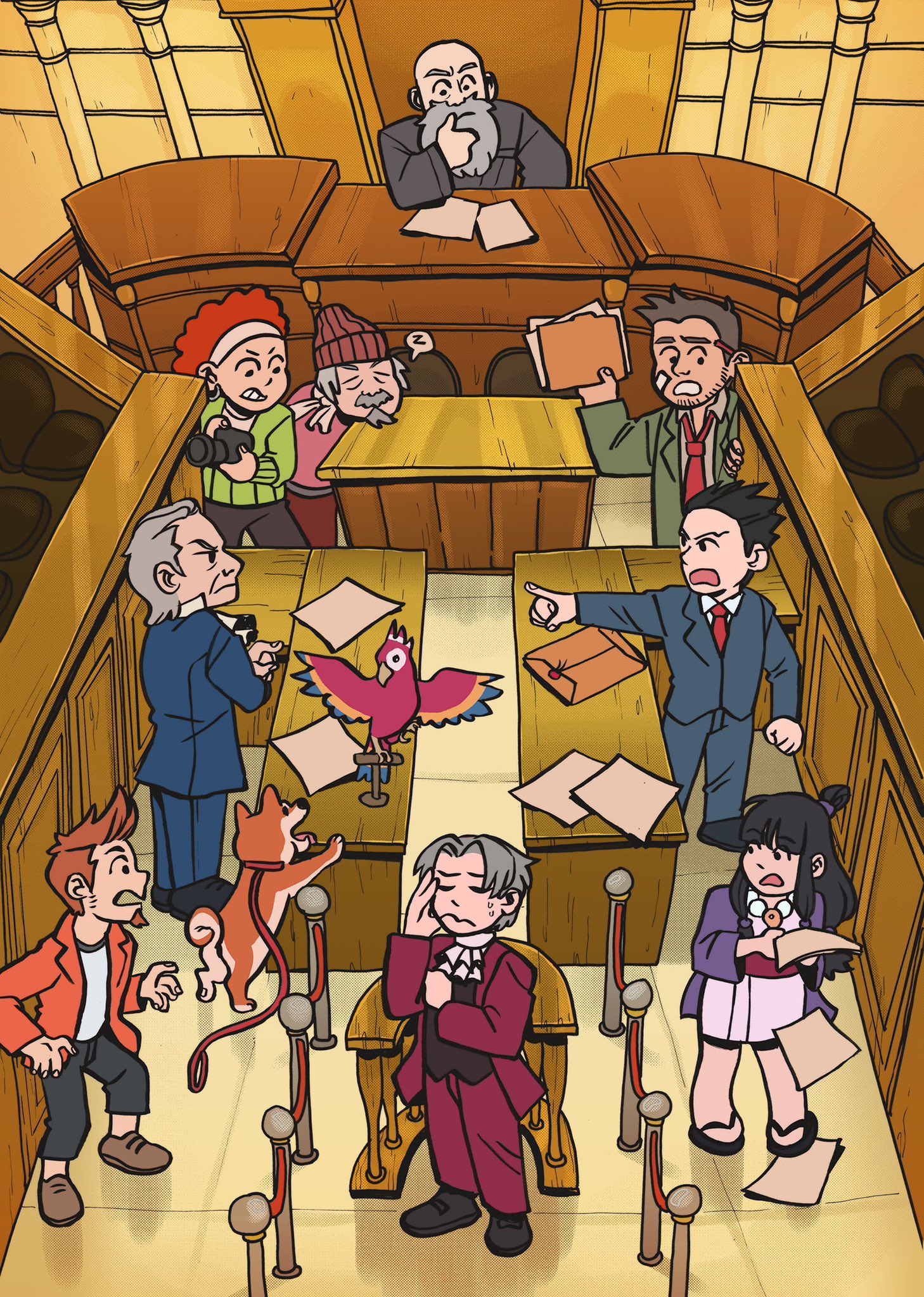 2girls 6+boys aalexfletcher ace_attorney animal bird black_hair brown_hair camera closed_mouth commentary courtroom dick_gumshoe dog english_commentary folder formal_clothes grey_hair highres holding holding_camera holding_folder indoors japanese_clothes judge kimono larry_butz long_hair long_sleeves looking_at_another lotta_hart manfred_von_karma maya_fey miles_edgeworth multiple_boys multiple_girls open_mouth orange_hair pants paper parrot phoenix_wright phoenix_wright:_ace_attorney pointing pointing_at_another polly_(ace_attorney) shiba_inu shirt shoes short_hair standing suit the_judge_(ace_attorney) yanni_yogi