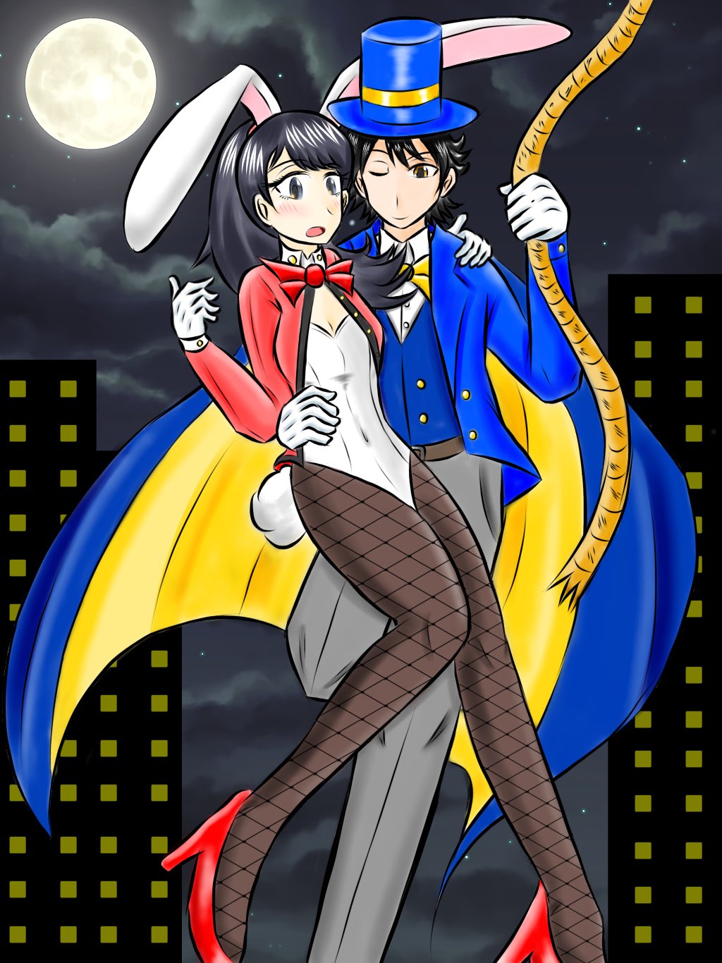 couple digimon full_moon hat highres leotard momotsuka_takuma moon night night_sky playboy_bunny shibuya_aoi sky