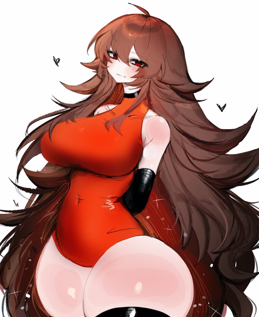 ahoge bare_shoulders breasts brown_hair friday_night_funkin&#039; girlfriend_(friday_night_funkin&#039;) heart large_breasts leotard long_hair looking_at_viewer red_eyes smile thick_thighs thighhighs thighs usa37107692 very_long_hair wide_hips