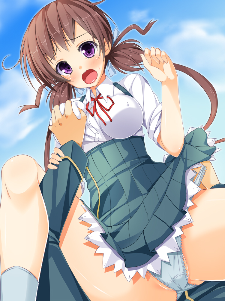 10s 1girl aomi_isara asa_no_ha_(awayuki) brown_hair clothes_lift grabbing_another&#039;s_breast groping koi_to_senkyo_to_chocolate no_bra panties purple_eyes school_uniform skirt skirt_lift sleeves_rolled_up underwear upskirt