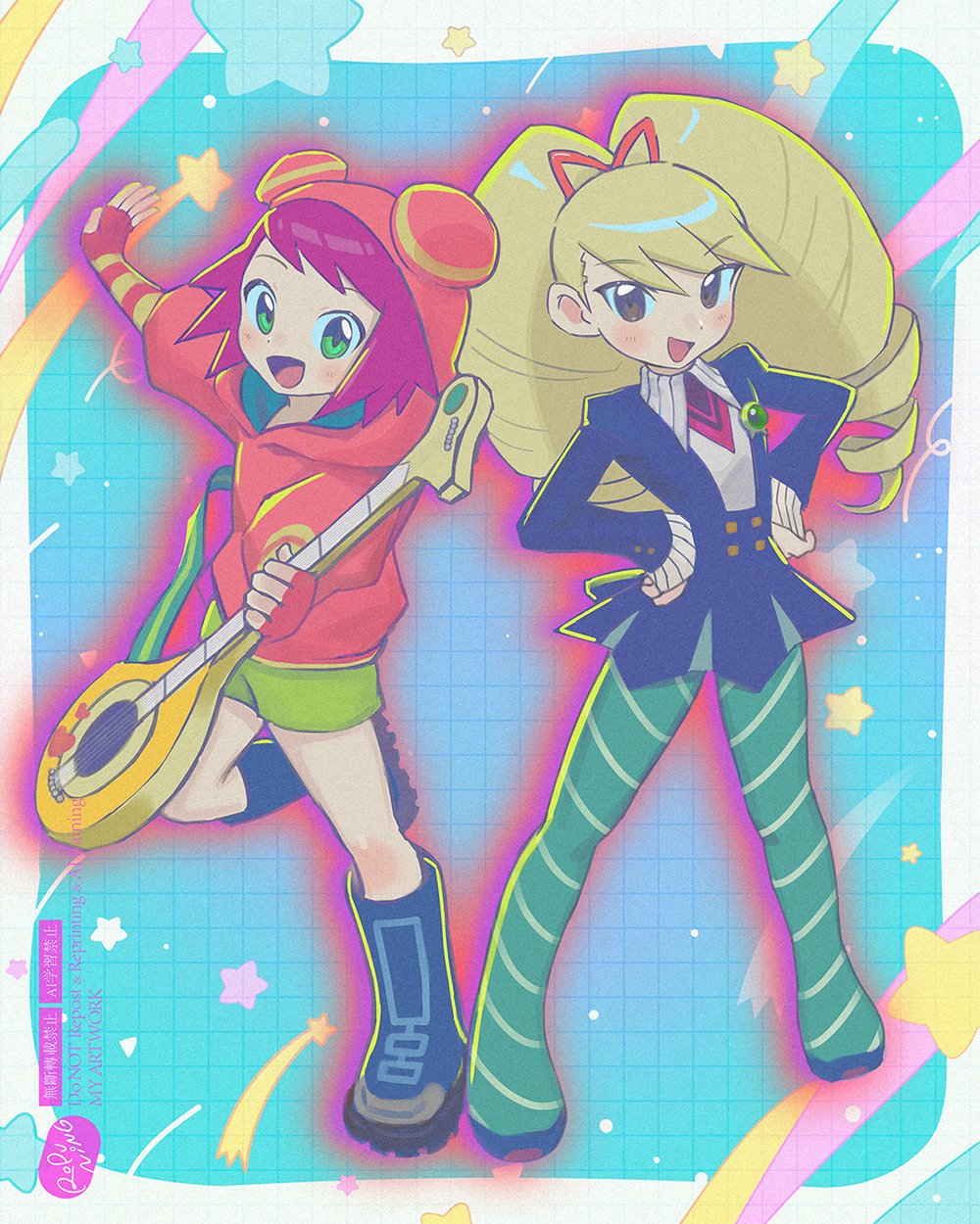 2girls blonde_hair blue_background blue_dress border brown_hair dress drill_hair full_body green_eyes green_pantyhose green_shorts highres hood hood_up hoodie long_hair luna_platz_(mega_man) mega_man_(series) mega_man_star_force_(series) multiple_girls pantyhose pink_hoodie red_hair ropuning short_hair shorts simple_background sonia_strumm_(mega_man) twin_drills white_border