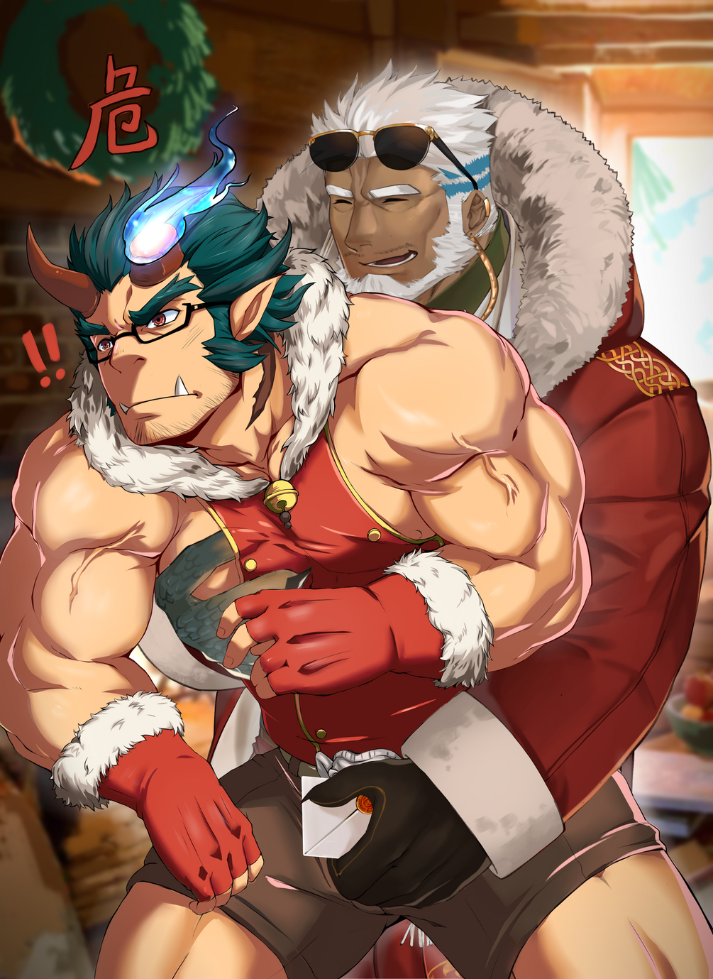 2boys aegir_(housamo) aqua_hair artist_collaboration bara bare_shoulders beard bell black-framed_eyewear blue_hair blush broken_horn brown_gloves brown_shorts bulge christmas collar dark-skinned_male dark_blue_hair dark_skin demon_boy demon_horns earrings facial_hair fang fiery_horns fingerless_gloves flying_sweatdrops forked_eyebrows gloves groping hand_under_clothes highres horns icelernd interracial jewelry kito_(clamp5656) large_pectorals long_sideburns male_focus mature_male multicolored_hair multiple_boys muscular muscular_male neck_bell one_eye_closed paid_reward_available pectoral_grab pectorals red_gloves santa_costume scar scar_on_neck shirt short_hair shorts sideburns single_earring sleeveless smile spread_legs streaked_hair stubble takemaru_(housamo) taut_clothes taut_shirt thick_eyebrows thighs tokyo_houkago_summoners veins white_hair yaoi