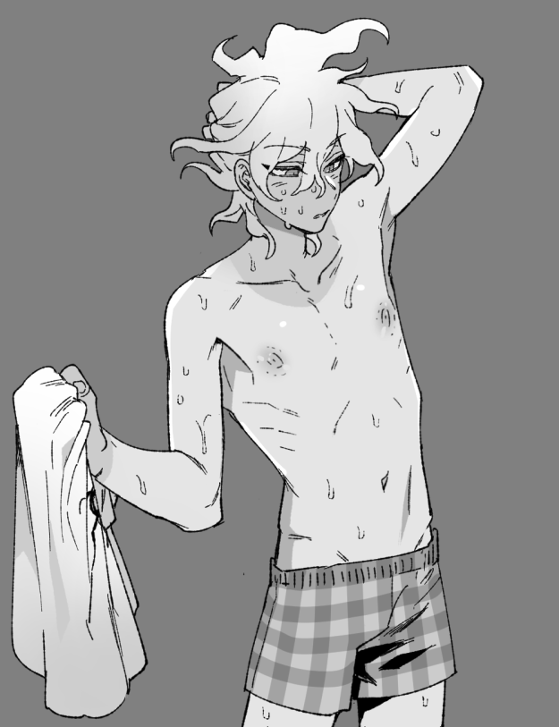 1boy bite_mark collarbone cowboy_shot danganronpa_(series) danganronpa_2:_goodbye_despair grey_background greyscale holding holding_shirt holding_unworn_clothes komaeda_nagito male_focus male_underwear messy_hair monochrome navel nipples plaid_clothes plaid_male_underwear print_shirt shirt simple_background solo sweat topless_male underwear unworn_shirt uurin