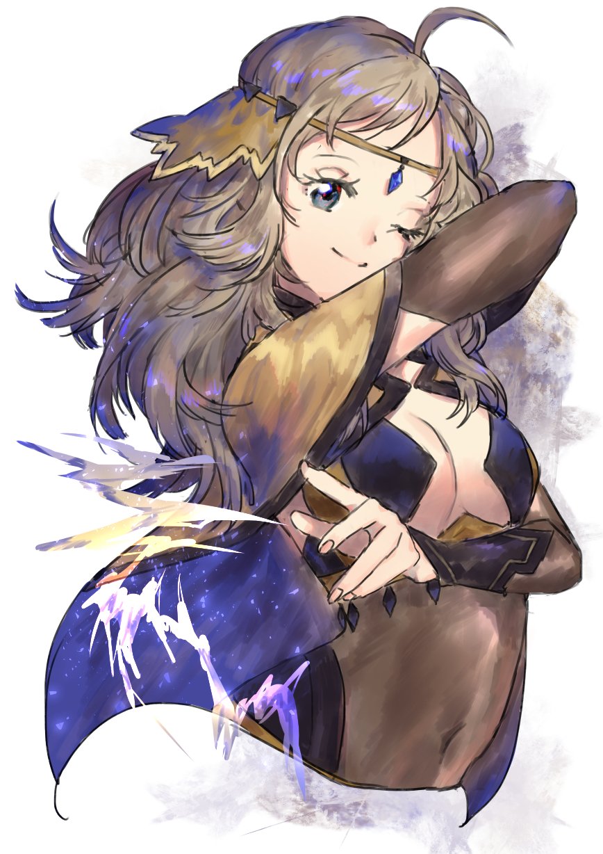 ahoge ama_asagi asymmetrical_bangs blonde_hair bodystocking breasts bridal_gauntlets cape circlet covered_navel fire_emblem fire_emblem_fates grey_eyes highres long_hair looking_at_viewer medium_breasts nintendo one_eye_closed ophelia_(fire_emblem) pantyhose solo turtleneck upper_body