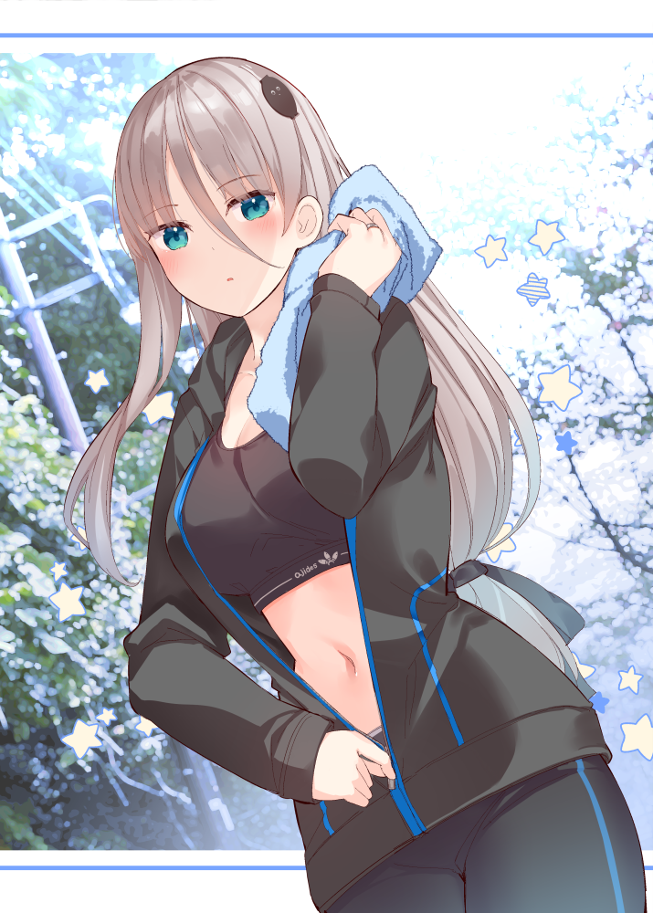1girl black_jacket black_pants black_sports_bra black_track_suit blue_eyes border breasts brown_hair commentary_request cowboy_shot hair_between_eyes holding holding_towel jacket jewelry kosaka_donten large_breasts letterboxed light_blush long_hair long_sleeves looking_at_viewer navel original outside_border pants parted_lips ring solo sports_bra sportswear standing star_(symbol) stomach towel track_jacket track_pants track_suit unzipping wedding_ring white_border wiping_sweat