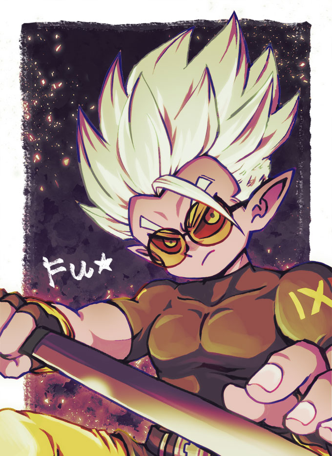 &gt;:( 1boy belt black_belt border character_name closed_mouth colored_sclera colored_skin commentary_request compression_shirt covered_pectorals dragon_ball dragon_ball_heroes fingerless_gloves frown fu_(dragon_ball) glasses gloves holding holding_sword holding_weapon looking_at_viewer male_focus muscular muscular_male ninjatou pants pectorals pointy_ears purple_skin red_sclera round_eyewear short_sleeves short_sword single_bang spiked_hair sword tinted_eyewear v-shaped_eyebrows vespa_(kaiten69) weapon white_border white_eyes white_hair yellow-tinted_eyewear yellow_pants