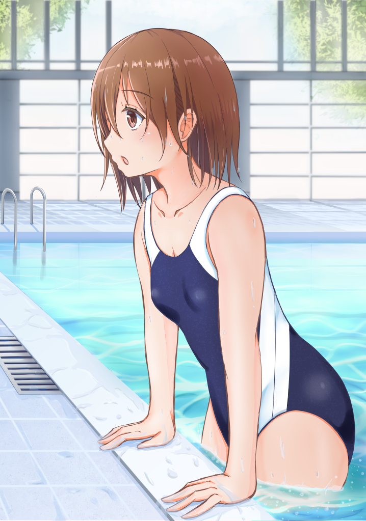 1girl 3535mb blue_one-piece_swimsuit breasts brown_eyes brown_hair collarbone competition_swimsuit cowboy_shot female_focus from_side misaka_mikoto multicolored_one-piece_swimsuit multicolored_swimsuit one-piece_swimsuit open_mouth partially_submerged pool poolside school_swimsuit short_hair sideways_mouth small_breasts solo swimsuit toaru_kagaku_no_railgun toaru_majutsu_no_index tokiwadai_school_swimsuit wet