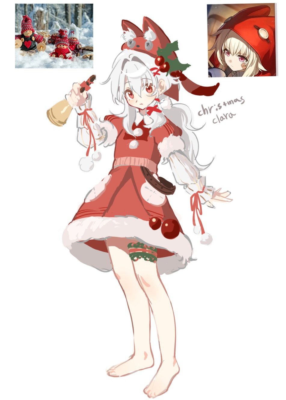 1girl animal_ears bare_legs barefoot bell blush christmas clara_(honkai:_star_rail) fake_animal_ears hat highres honkai:_star_rail honkai_(series) naroo red_eyes santa_hat simple_background thigh_strap white_background white_hair