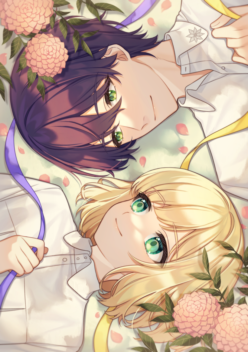 2boys androgynous blonde_hair bob_cut closed_mouth collared_shirt commentary dahlia_(flower) english_commentary eye_contact flower green_eyes hair_between_eyes hand_up karokuchitose kenmochi_touya looking_at_another looking_to_the_side lying male_focus multiple_boys nijisanji on_back petals pink_flower purple_hair purple_ribbon ribbon shirt short_hair smile suzuya_aki upper_body virtual_youtuber white_shirt yellow_ribbon
