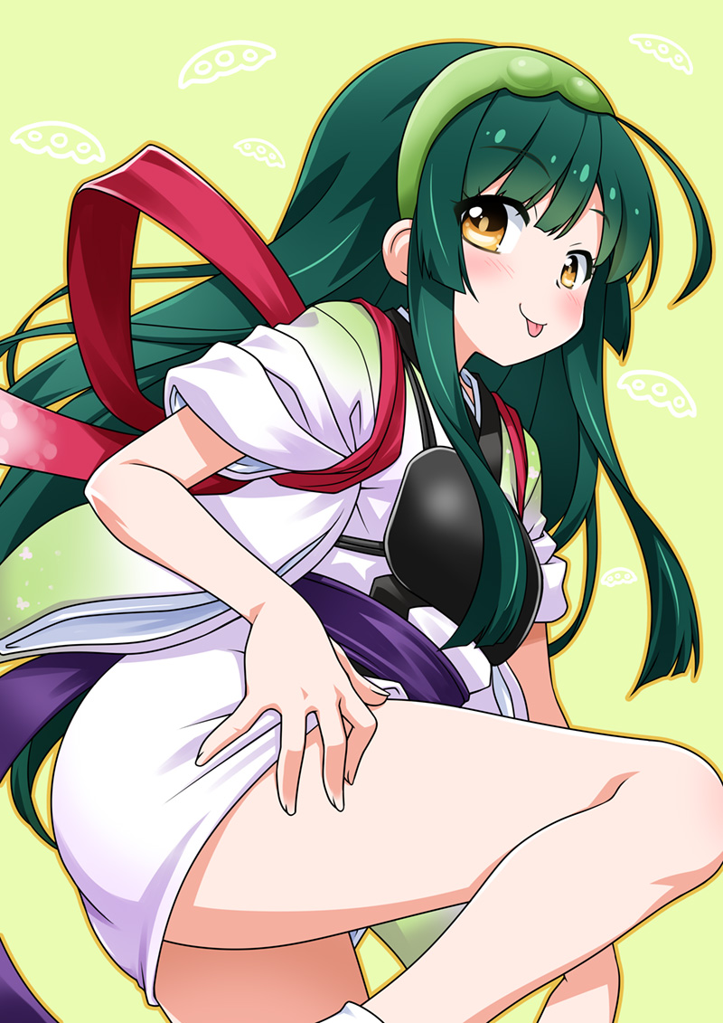 1girl :p akou_roushi blush closed_mouth feet_out_of_frame green_background green_hair green_hairband hairband japanese_clothes kimono long_hair muneate obi orange_eyes sash short_sleeves smile solo standing standing_on_one_leg tasuki tongue tongue_out touhoku_zunko very_long_hair voiceroid white_kimono
