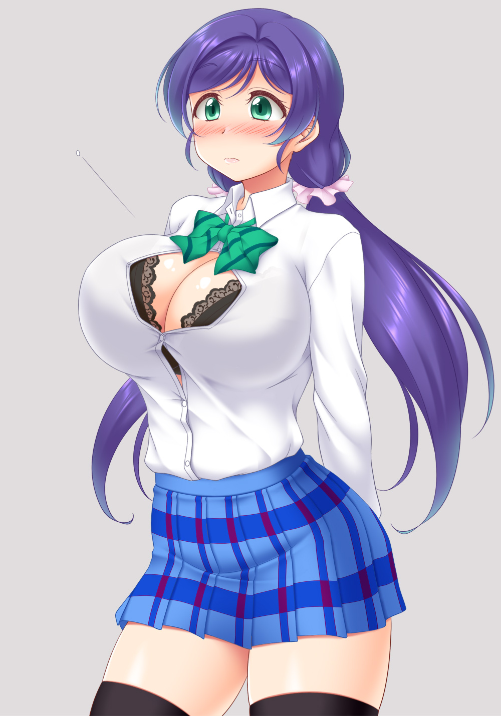 1girl aqua_eyes arms_behind_back artist_name artist_request black_thighhighs blue_skirt blush bow bowtie bra_visible_through_clothes breasts collared_shirt female_focus green_bow green_bowtie green_eyes grey_background hair_ornament hair_scrunchie highres large_breasts long_hair looking_at_viewer love_live! love_live!_school_idol_project miniskirt otonokizaka_school_uniform parted_lips plaid_clothes plaid_skirt popped_button purple_hair school_uniform scrunchie shirt short_sleeves simple_background skindentation skirt solo striped_bow striped_bowtie striped_clothes thighhighs tojo_nozomi twintails utomo white_shirt