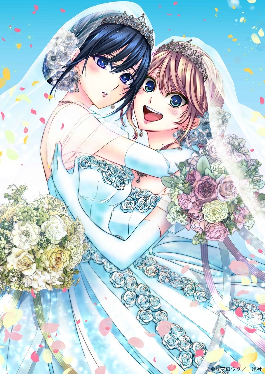 2girls aihara_mei aihara_yuzu bare_shoulders black_hair blonde_hair blush bouquet breasts bridal_veil bride citrus_(saburouta) cleavage dress earrings elbow_gloves female_focus flower gloves green_eyes hair_ornament highres holding holding_bouquet inseki jewelry long_hair looking_at_viewer multiple_girls official_art open_mouth purple_eyes rose saburouta siblings sisters step-siblings strapless strapless_dress tiara veil wedding wedding_dress white_dress white_flower white_gloves white_rose wife_and_wife yuri