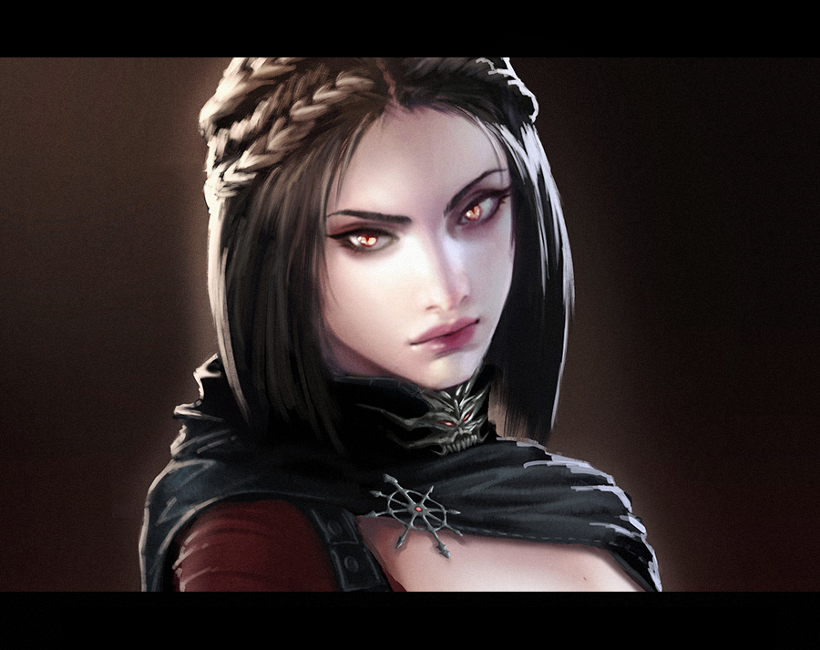 1girl braid brown_hair capelet choker cleavage_cutout clothing_cutout glowing glowing_eyes hood hooded_capelet letterboxed realistic serana short_hair shuten_(project_sky) slit_pupils solo_focus the_elder_scrolls the_elder_scrolls_v:_skyrim vampire yellow_eyes