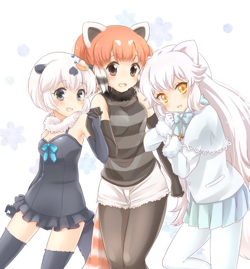 3girls animal_ears arctic_fox_(kemono_friends) bare_shoulders black_fur black_gloves black_legwear black_one-piece_swimsuit black_shirt blue_neckwear blue_skirt blush bow bowtie brown_eyes californian_sea_otter_(kemono_friends) capelet commentary_request cowboy_shot cutoffs elbow_gloves extra_ears fox_ears fox_girl fox_tail frilled_swimsuit frills fur_collar fur_trim gloves grey_eyes grey_gloves grey_hair grey_legwear grey_one-piece_swimsuit holding_hands kemono_friends kuromitsu_(9633_kmfr) lesser_panda_(kemono_friends) long_hair long_sleeves looking_at_viewer multicolored_hair multiple_girls one-piece_swimsuit otter_ears otter_girl otter_tail panda_ears panda_girl panda_tail pantyhose pleated_skirt red_hair shirt short_hair short_shorts shorts sidelocks skirt sleeveless striped_clothes striped_shirt swimsuit tail thighhighs two-tone_hair white_capelet white_fur white_gloves white_hair white_legwear white_shorts winter_clothes yellow_eyes zettai_ryouiki