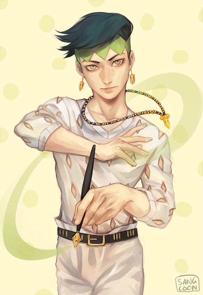 1boy artist_name black_hair cowboy_shot earrings foreshortening green_eyes headband jewelry jojo_no_kimyou_na_bouken kishibe_rohan male_focus necklace pen sangcoon signature solo