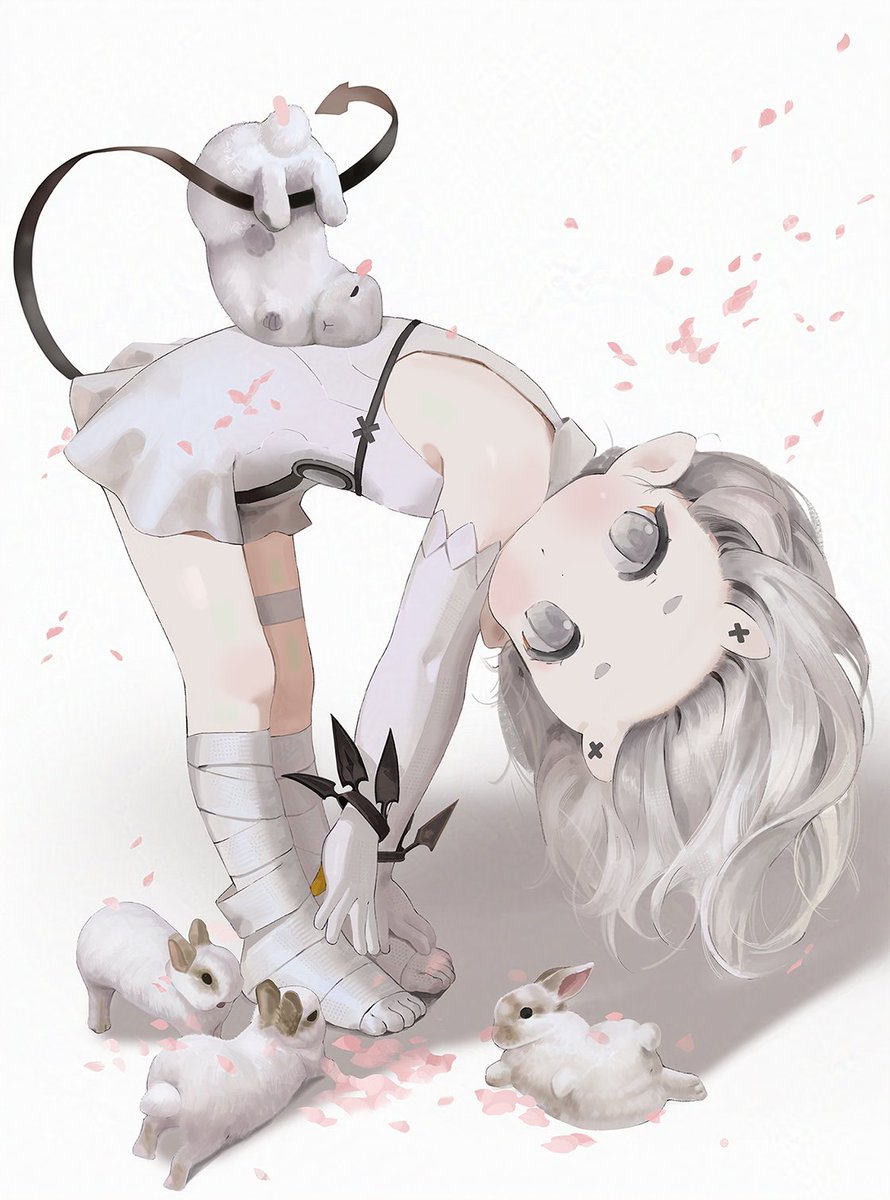 1girl animal animal_on_back bandaged_foot bandages black_tail bracelet character_request child closed_mouth demon_horns demon_tail doubutsunoujyou dress duet_night_abyss elbow_gloves falling_petals full_body gloves grey_eyes grey_hair highres horns jewelry long_hair looking_at_viewer no_shoes petals pink_petals pointy_ears prehensile_tail short_dress skin-covered_horns sleeveless sleeveless_dress solo tail white_dress white_gloves white_rabbit_(animal)