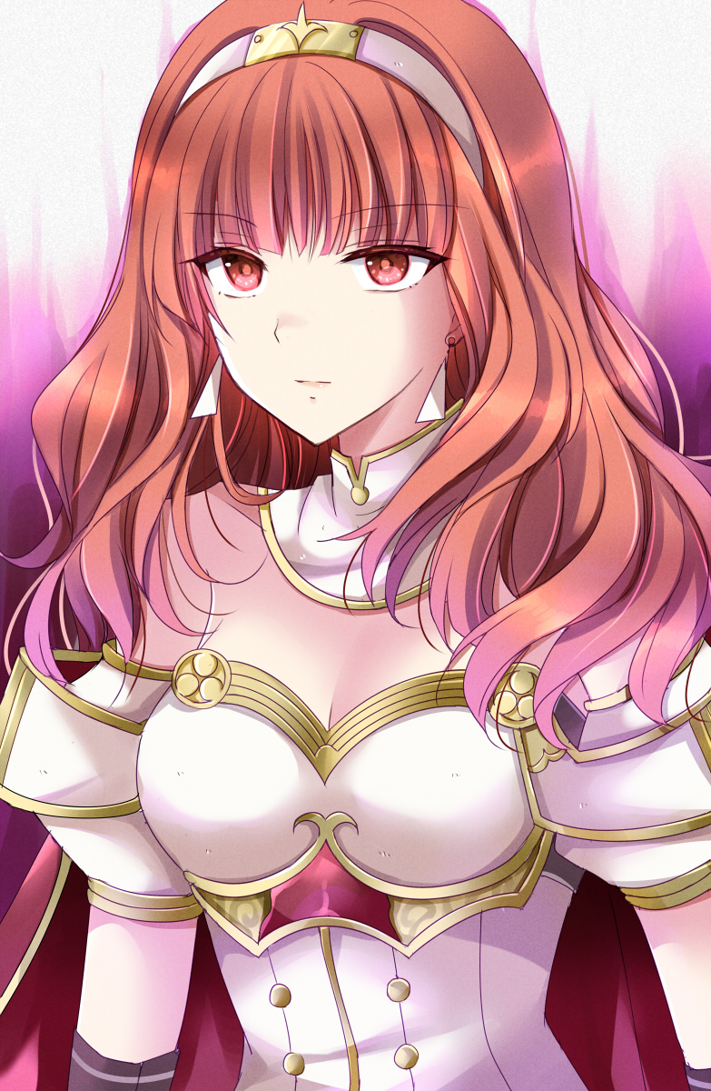 1girl armor aura black_gloves breastplate breasts cape celica_(fire_emblem) celica_(imprisoned_soul)_(fire_emblem) choker cleavage corruption dark_aura earrings fire_emblem fire_emblem_echoes:_shadows_of_valentia gloves highres jewelry kirishima_riona long_hair medium_breasts nintendo princess red_eyes red_hair solo tiara witch