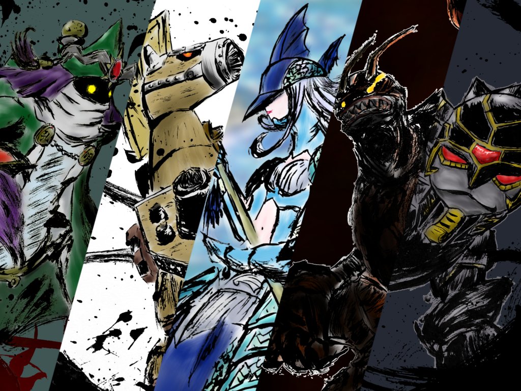 ancientmermaimon ancientsphinxmon ancienttroiamon ancientvolcamon ancientwisemon cannon digimon digimon_(creature) digimon_frontier hand_fan looking_at_viewer red_eyes smile ten_legendary_warriors yellow_eyes