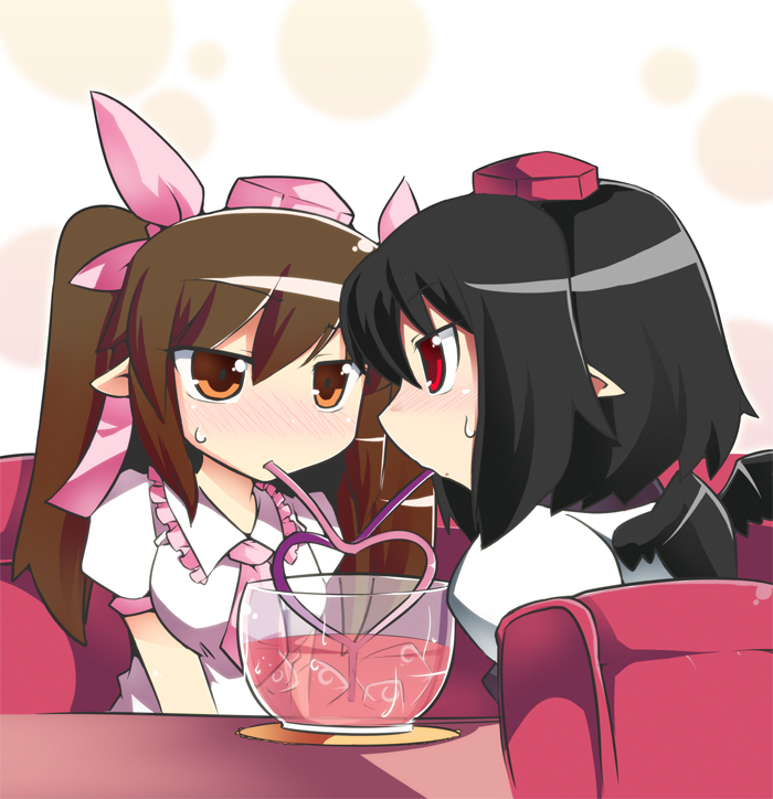 2girls black_hair blush brown_eyes brown_hair drinking drinking_straw embarrassed eye_contact female_focus glass hat heart himekaidou_hatate jitome long_hair looking_at_another multiple_girls necktie pointy_ears red_eyes sesield shameimaru_aya shared_drink sharing short_hair sweatdrop tokin_hat touhou twintails wings