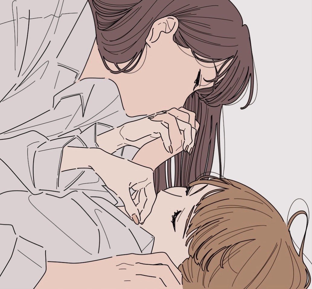 2girls brown_hair closed_eyes collared_shirt holding_hands interlocked_fingers kamatama_rom kiss kissing_hand long_hair long_sleeves multiple_girls original purple_background shirt simple_background white_shirt yuri