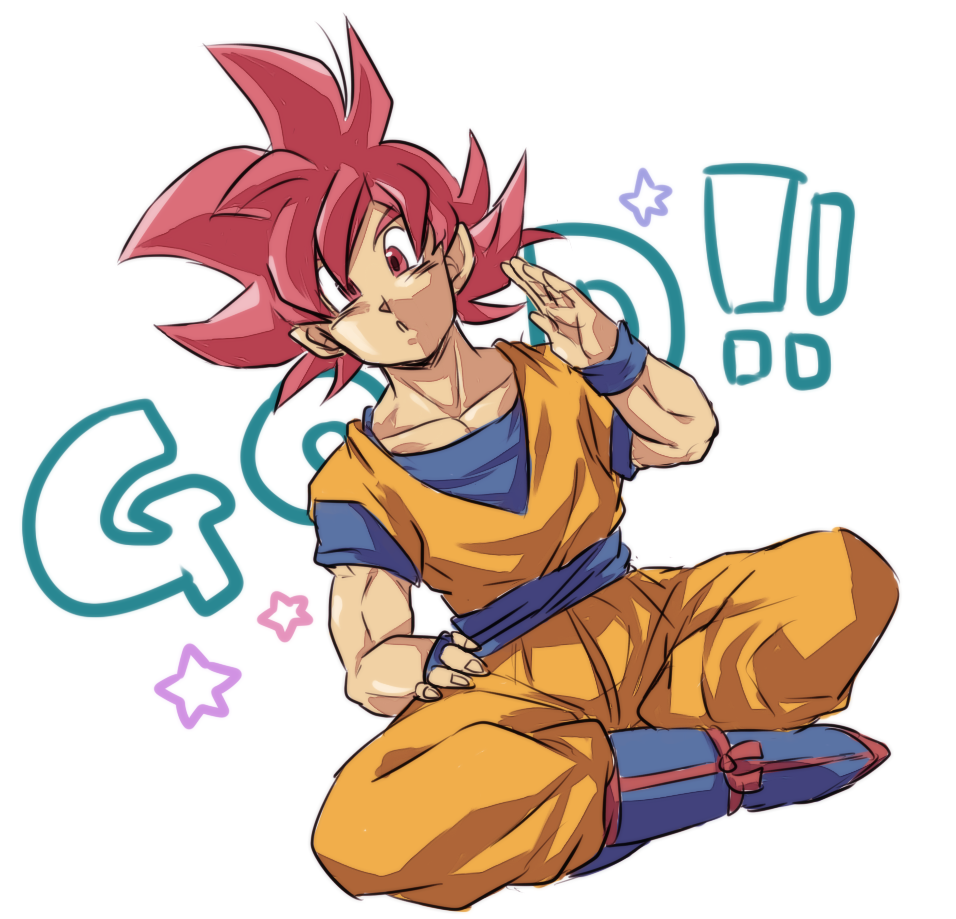 1boy :o boots dougi dragon_ball dragon_ball_z_kami_to_kami dragonball_z english_text flying crossed_legs looking_at_viewer male_focus open_mouth red_eyes red_hair salute short_hair simple_background solo son_goku spiked_hair star_(symbol) super_saiyan super_saiyan_god text_focus tkgsize white_background wristband