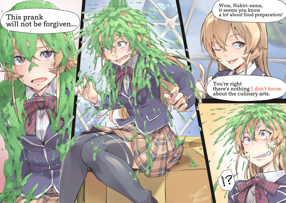 1girl blazer blonde_hair bow bowtie embarrassed english_text jacket jelly_shrimp nakiri_erina plaid_clothes plaid_skirt pleated_skirt school_uniform shokugeki_no_souma skirt slime_(substance) thighhighs wet wet_clothes you_can&#039;t_do_that_on_television