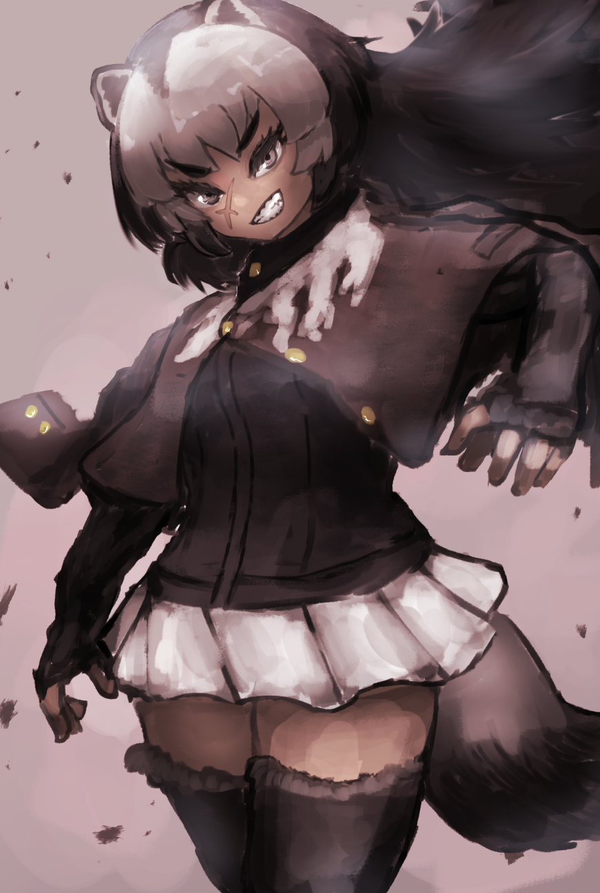 1girl adeshi_(adeshi0693119) animal_ears arm_at_side arm_up badger_ears black_hair buttons dark-skinned_female dark_skin elbow_gloves female_focus fingerless_gloves floating_hair fur-trimmed_legwear fur_trim gloves grey_eyes grey_hair grin highres jacket jacket_on_shoulders kemono_friends long_hair looking_at_viewer microskirt multicolored_hair partially_unbuttoned pleated_skirt skirt smile solo teeth thighhighs two-tone_hair v-shaped_eyebrows white_skirt wolverine_(kemono_friends) zettai_ryouiki