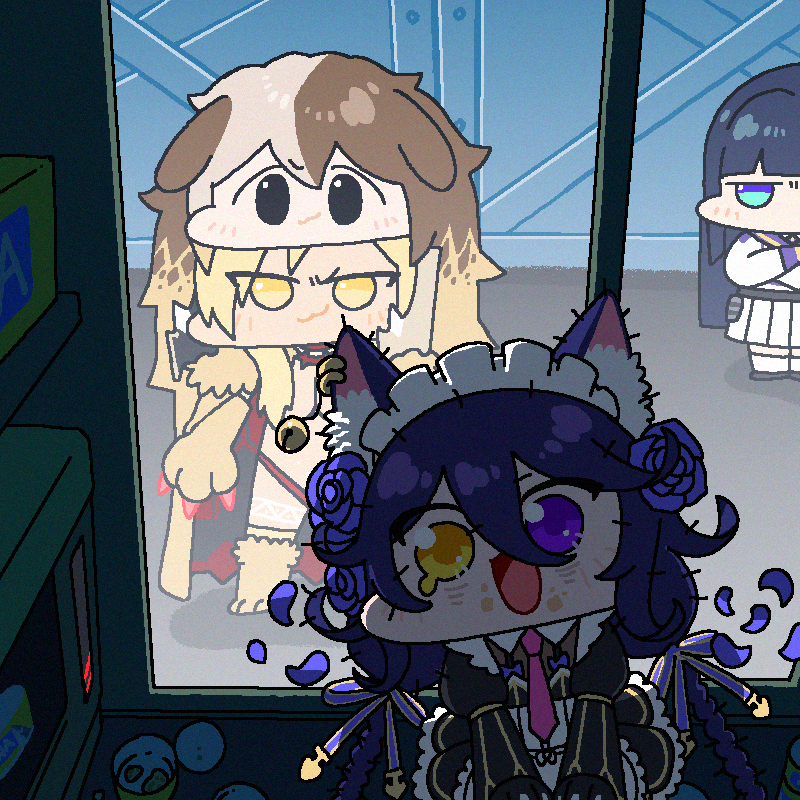 4girls :3 andvari_(last_origin) animal_ear_fluff animal_ears apron black_eyes blue_eyes braided_twintails brown_hair canned_tuna cat_ears cat_girl chibi crossed_arms dc_(makezzal) dog_ears dog_girl flower food food_on_face hachiko_of_castling heterochromia last_origin long_hair looking_at_viewer maid maid_apron maid_headdress messy_hair multicolored_hair multiple_girls parody petals poi_(last_origin) purple_eyes purple_hair queen_of_mane revealing_clothes skirt smug tattoo tearing_up two-tone_hair very_long_hair white_hair window yellow_eyes