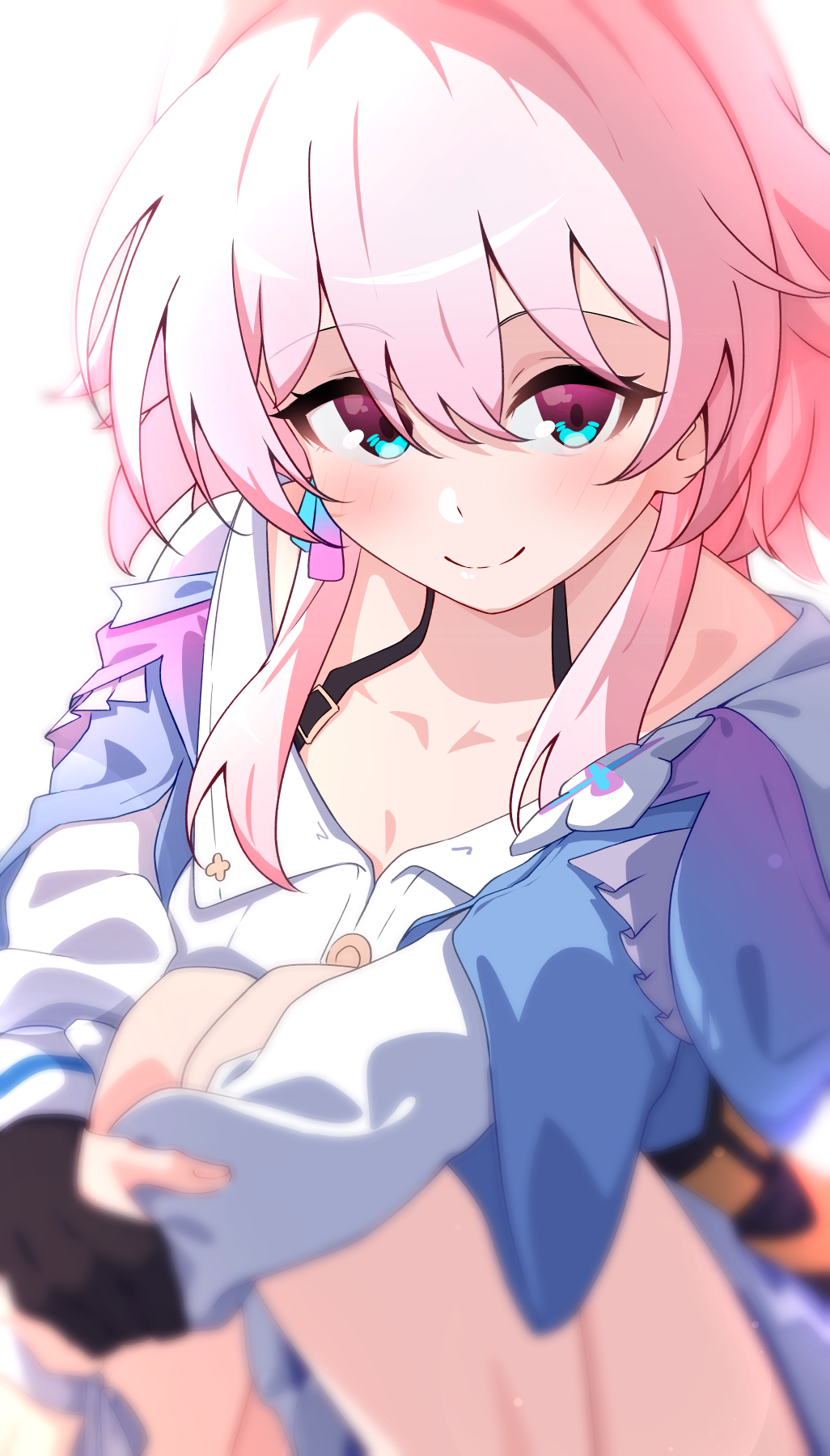 1girl aqua_eyes archery_shooting_glove black_gloves blue_jacket bra_strap buttons closed_mouth commentary_request earrings ecliygame gloves gradient_clothes gradient_jacket highres honkai:_star_rail honkai_(series) jacket jewelry light_blush long_sleeves looking_at_viewer march_7th_(honkai:_star_rail) march_7th_(preservation)_(honkai:_star_rail) medium_hair multicolored_eyes partial_commentary partially_fingerless_gloves pink_eyes pink_hair pink_jacket shirt single_earring sitting smile solo two-tone_eyes white_shirt