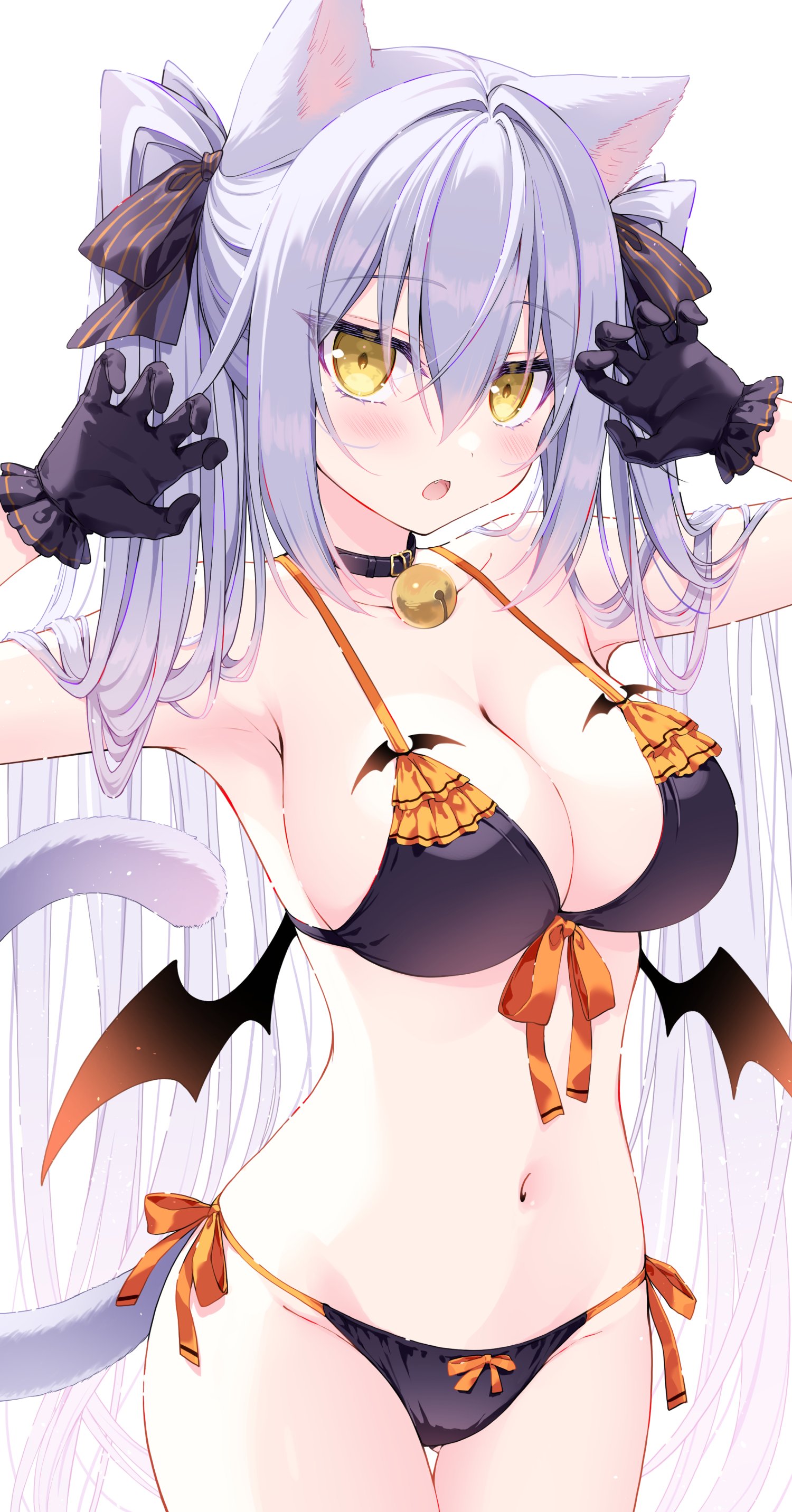 1girl absurdres animal_ears armpits arms_up bell bikini black_bikini black_choker black_gloves black_ribbon blush breasts cat_ears cat_girl cat_tail choker cleavage commentary demon_wings front-tie_bikini_top front-tie_top gloves grey_hair hair_ornament hair_ribbon highres jingle_bell large_breasts long_hair looking_at_viewer navel nikyuppa open_mouth original ribbon side-tie_bikini_bottom stomach swimsuit tail white_hair wings yellow_eyes