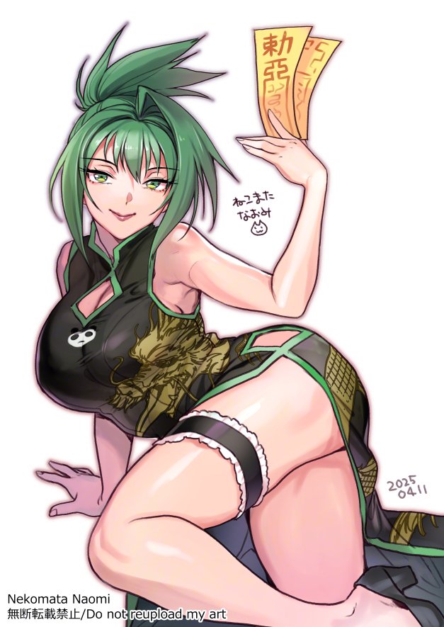 1girl bare_shoulders black_dress breasts china_dress chinese_clothes cleavage closed_mouth commission dated dragon_print dress green_eyes green_hair holding large_breasts looking_at_viewer nekomata_naomi shaman_king short_hair simple_background skeb_commission sleeveless sleeveless_dress smile solo spiked_hair tao_jun taut_clothes taut_dress updo watermark white_background