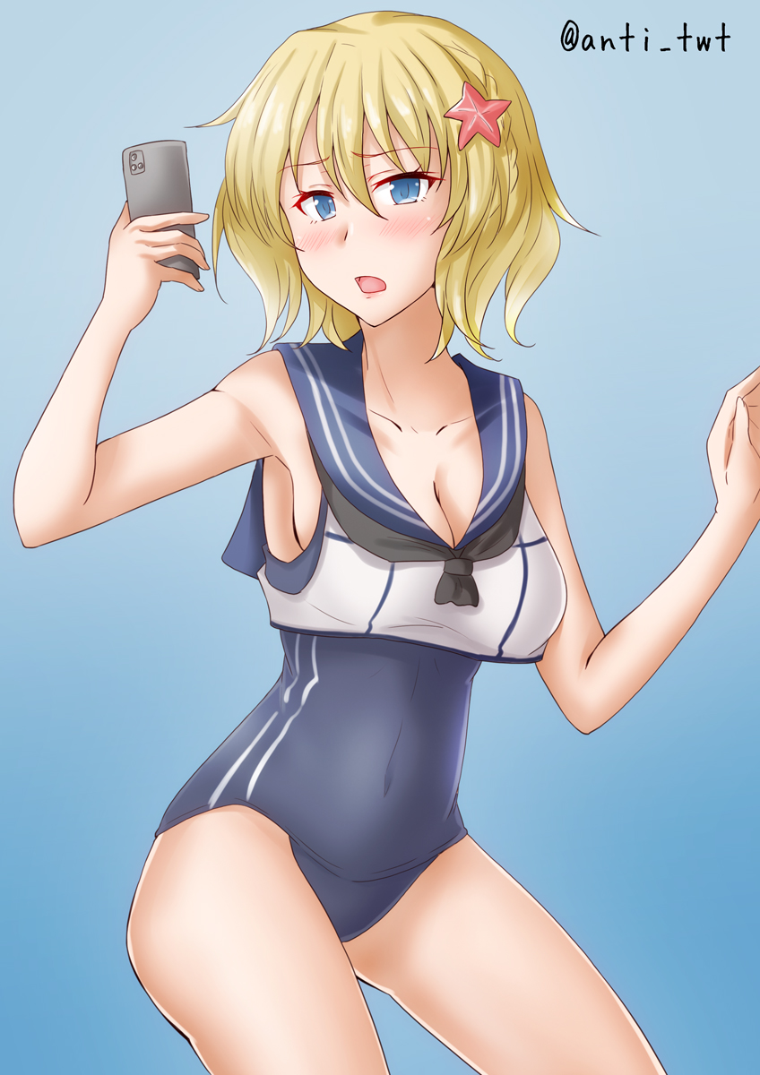 1girl alternate_costume anti_(untea9) blonde_hair blue_background blue_eyes braid breasts cellphone cleavage collarbone colorado_(kancolle) cosplay covered_navel cowboy_shot crop_top flower gradient_background hair_between_eyes hair_flower hair_ornament highres kantai_collection large_breasts lips looking_at_viewer nontraditional_school_swimsuit old_school_swimsuit one-piece_swimsuit phone ro-500_(kancolle) ro-500_(kancolle)_(cosplay) sailor_collar sailor_shirt school_swimsuit shirt short_hair side_braids smartphone solo swimsuit swimsuit_under_clothes twitter_username