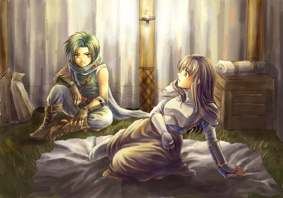 1boy 1girl armor astrid_(fire_emblem) black_hair boots breastplate brown_boots fingerless_gloves fire_emblem fire_emblem:_path_of_radiance gloves green_hair long_hair looking_at_another nintendo pants pauldrons shirt shoulder_armor sitting sleeveless sleeveless_shirt sothe_(fire_emblem) suisyokyu surprised waking_up white_pants