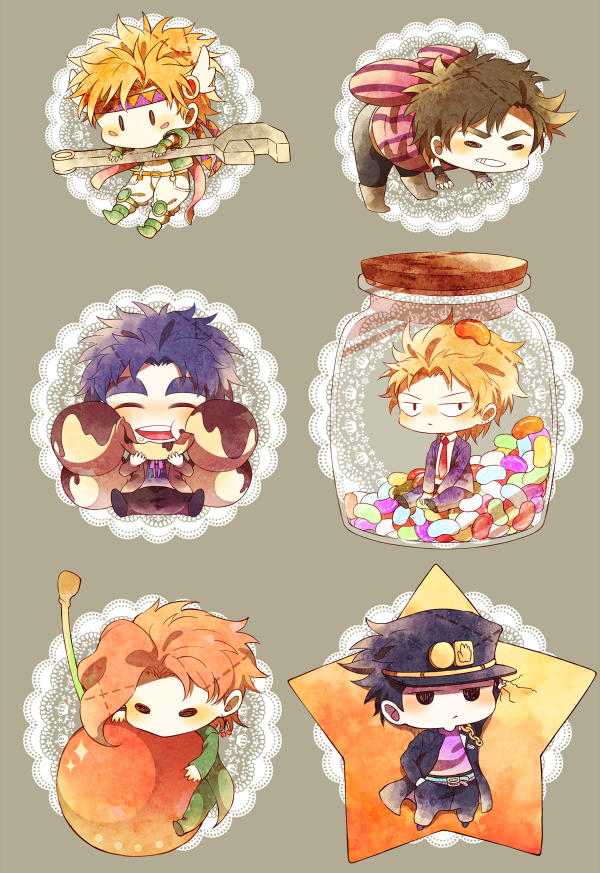 bad_id bad_pixiv_id blonde_hair blue_hair boots brown_footwear brown_hair caesar_anthonio_zeppeli candy chain cherry chibi closed_eyes coat dio_brando earrings eating fingerless_gloves food food_on_face formal_clothes fruit gloves green_boots hat headband jar jelly_bean jewelry jojo_no_kimyou_na_bouken jonathan_joestar joseph_joestar joseph_joestar_(young) kakyoin_noriaki knee_pads kuujou_joutarou messy_hair necktie open_mouth red_hair shuntaro_(syun_gaomu) sitting smile star_(symbol) suit winged_hair_ornament wrench