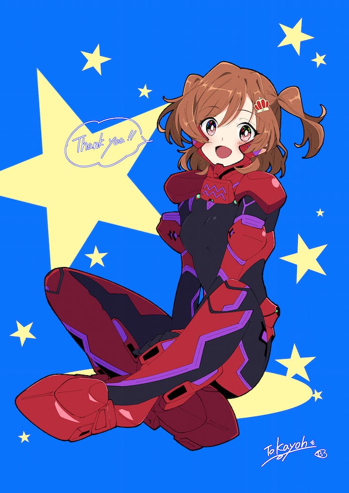 1girl aijou_karen black_bodysuit blue_background blush bodysuit breasts bright_pupils brown_eyes brown_hair commentary commission cosplay crown_hair_ornament english_commentary english_text fortified_suit heart indian_style kamon_rider mecha_pilot_suit muv-luv muv-luv_alternative open_mouth pilot_suit shoujo_kageki_revue_starlight sitting skeb_commission small_breasts smile solo speech_bubble star_(symbol) tsukuyomi_mana tsukuyomi_mana_(cosplay) two_side_up white_pupils