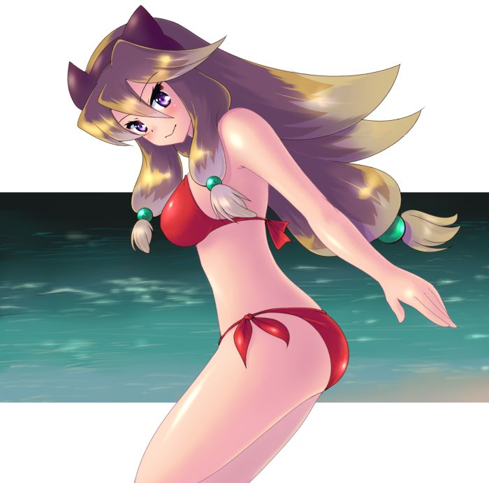 1girl :&gt; animal_ears aq_interactive arcana_heart arcana_heart_2 bikini blush breasts brown_hair dog_ears female_focus hair_bobbles hair_ornament inuwaka_akane kasabou long_hair looking_at_viewer medium_breasts multicolored_hair purple_eyes red_bikini side-tie_bikini_bottom smile solo swimsuit two-tone_hair