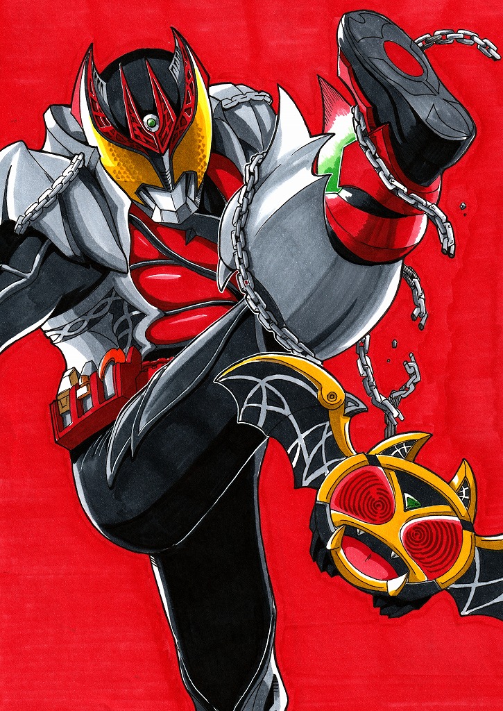 1boy @_@ armor belt black_bodysuit bodysuit dokuroman finishing_move incoming_attack kamen_rider kamen_rider_kiva kamen_rider_kiva_(series) kivat-bat_iii looking_at_viewer male_focus red_background standing standing_on_one_leg tokusatsu vampire yellow_eyes