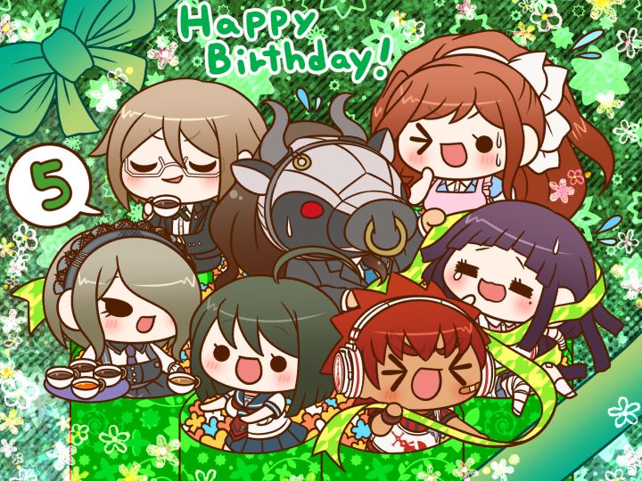 &gt;_&lt; &gt;_o 3boys 4girls ahoge ankle_socks apron bandaged_arm bandaged_leg bandages bandaid bandaid_on_cheek bandaid_on_face bandaid_on_knee bandaid_on_leg black_dress black_eyes black_gloves black_jacket black_pants black_shirt black_suit blazer blonde_hair blue_flower blue_jacket blue_necktie blue_sailor_collar blue_skirt blunt_bangs blunt_ends bob_cut bow box breasts brown_hair buttons chibi closed_eyes collared_jacket collared_shirt commentary_request covered_face cup daimon_masaru_(danganronpa) danganronpa:_trigger_happy_havoc danganronpa_(series) danganronpa_2:_goodbye_despair danganronpa_3_(anime) danganronpa_another_episode:_ultra_despair_girls danganronpa_v3:_killing_harmony dark-skinned_male dark_skin dress drinking english_text eyelashes face_piercing fake_horns floral_background flower flying_sweatdrops formal_clothes frilled_apron frilled_hairband frilled_shirt_collar frilled_sleeves frills furrowed_brow gift giving glasses gloves great_gozu green_background green_bow green_hair green_ribbon grey_hairband grey_horns hair_bow hair_over_one_eye hairband hand_on_own_chin happy_birthday headphones high_ponytail holding holding_cup holding_ribbon holding_tray horns in_box in_container jacket lace-trimmed_hairband lace_trim lapel_pin lapels large_breasts light_blush long_hair looking_at_another miniskirt mole mole_under_eye multiple_boys multiple_girls naegi_komaru neck_ribbon necktie nervous_smile nose_piercing nose_ring notched_lapels one_eye_closed open_clothes open_jacket open_mouth orange_flower orange_hair outstretched_arms ox_horns ox_mask pale_skin pants piercing pink_apron pink_shirt pleated_skirt ponytail purple_hair purple_necktie red_hair red_necktie red_shirt ribbon sailor_collar school_uniform serafuku shirt short_hair short_sleeves single_stripe sitting skirt sleeveless sleeveless_dress sleeves_past_wrists smile smirk socks solid_circle_eyes speech_bubble spider_web_print spiked_hair spoken_number striped_background striped_clothes striped_shirt striped_wristband suit sweat sweatdrop t-shirt tea teacup tearing_up thick_eyebrows togami_byakuya tojo_kirumi tray tsumiki_mikan two-tone_shirt v-shaped_eyebrows vertical-striped_clothes vertical-striped_shirt very_long_hair vest wavy_mouth white-framed_eyewear white_apron white_bow white_flower white_footwear white_hairband white_shirt white_socks white_vest wristband yellow_flower yukizome_chisa yumaru_(marumarumaru)