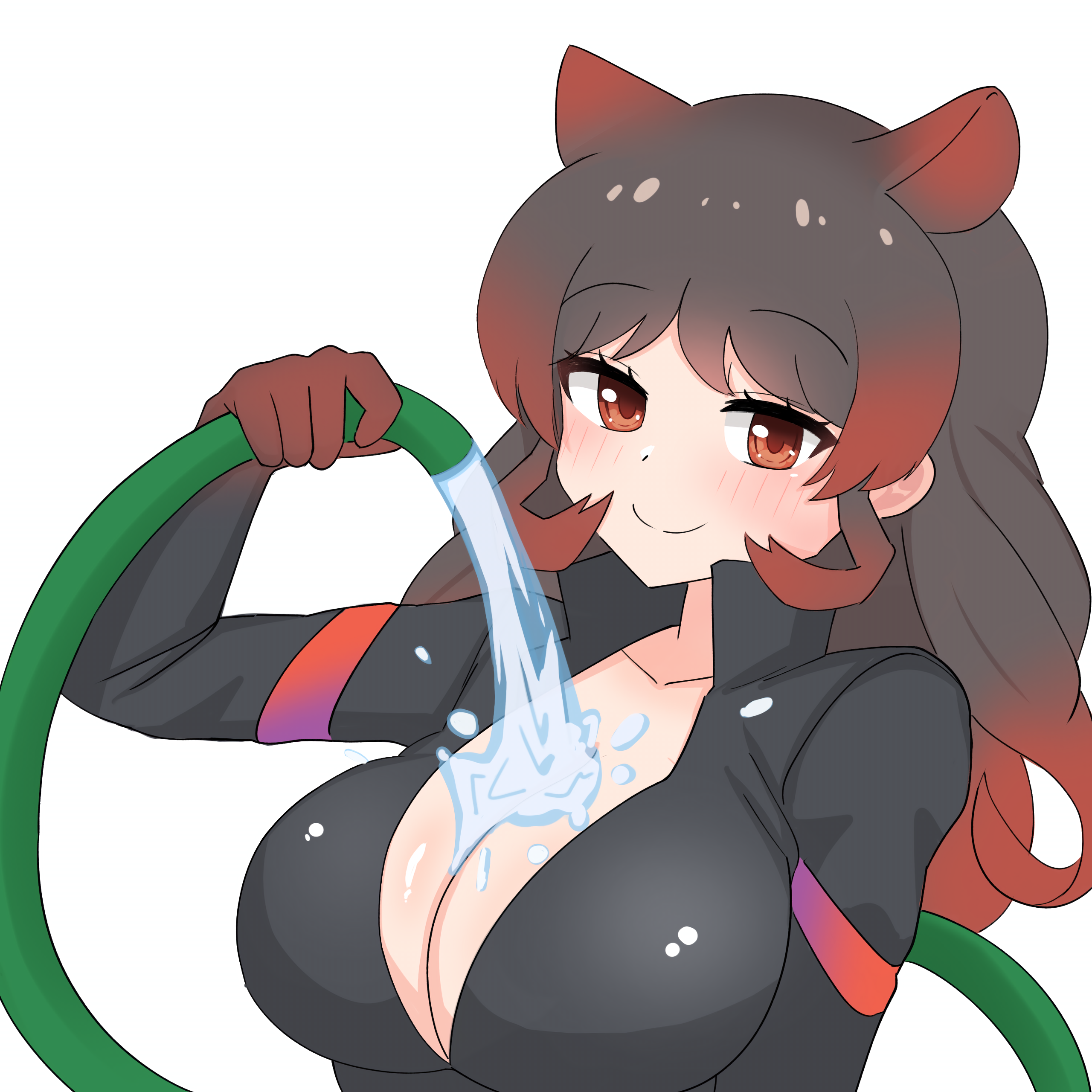 1girl absurdres black_hair blush breasts closed_mouth hair_ears highres hippopotamus_(kemono_friends) holding holding_hose hose jacket kemono_friends large_breasts long_hair long_sleeves looking_at_viewer multicolored_hair pouring pouring_onto_self red_eyes red_hair sidelocks smile solo tengt_e two-tone_hair upper_body water